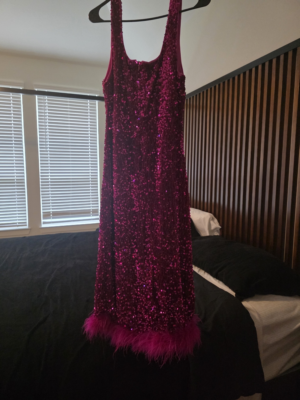 Fashion Nova Hot Pink Sequin Midi Dress with Feather Hem - Picture 2 of 5